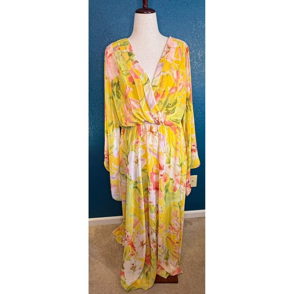 Yellow Floral Maxi Dress Bell Sleeve V-Neck Size XXL Boho